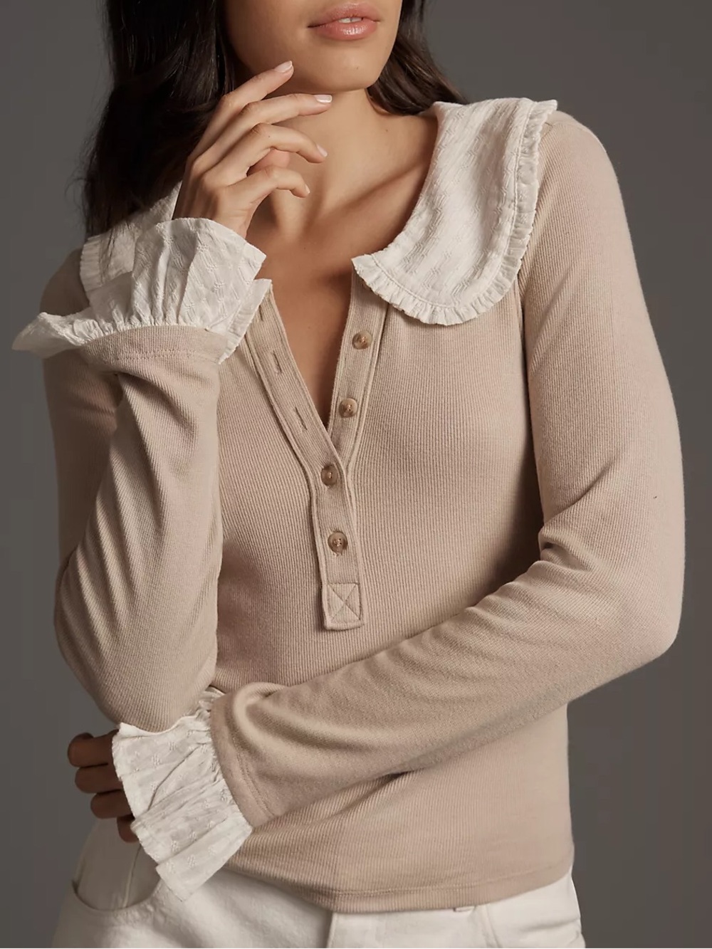 Anthropologie Pilcro Keira Long Sleeve Blouse Taupe Ruffle Collar Ruffle Cuffs S